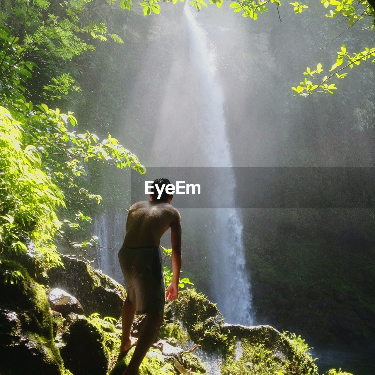 WOMAN STANDING ON ROCKS IN FOREST