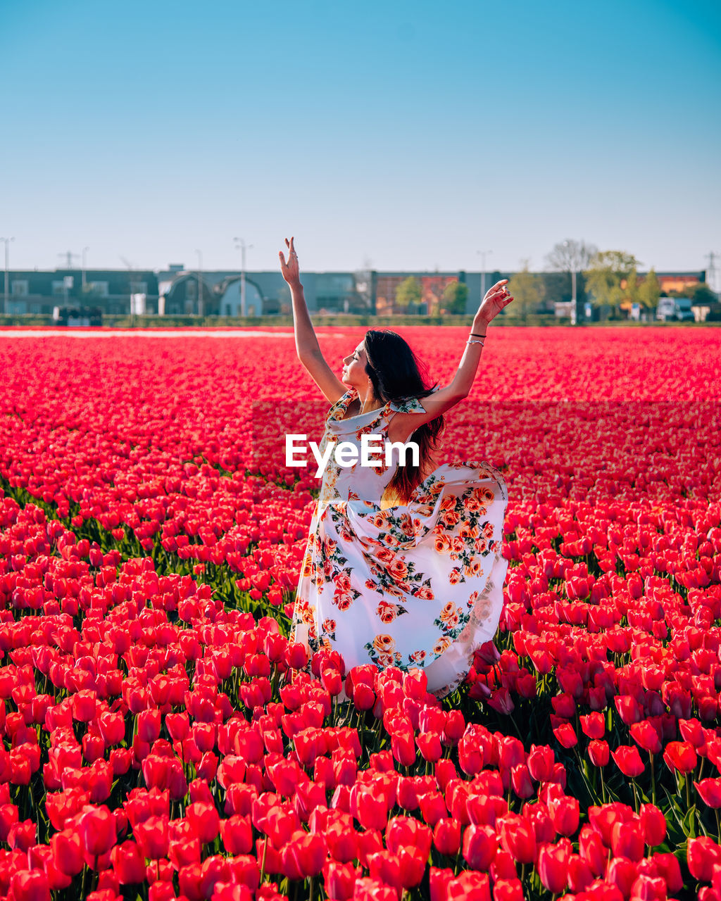 Woman standing by red flowering plants against sky