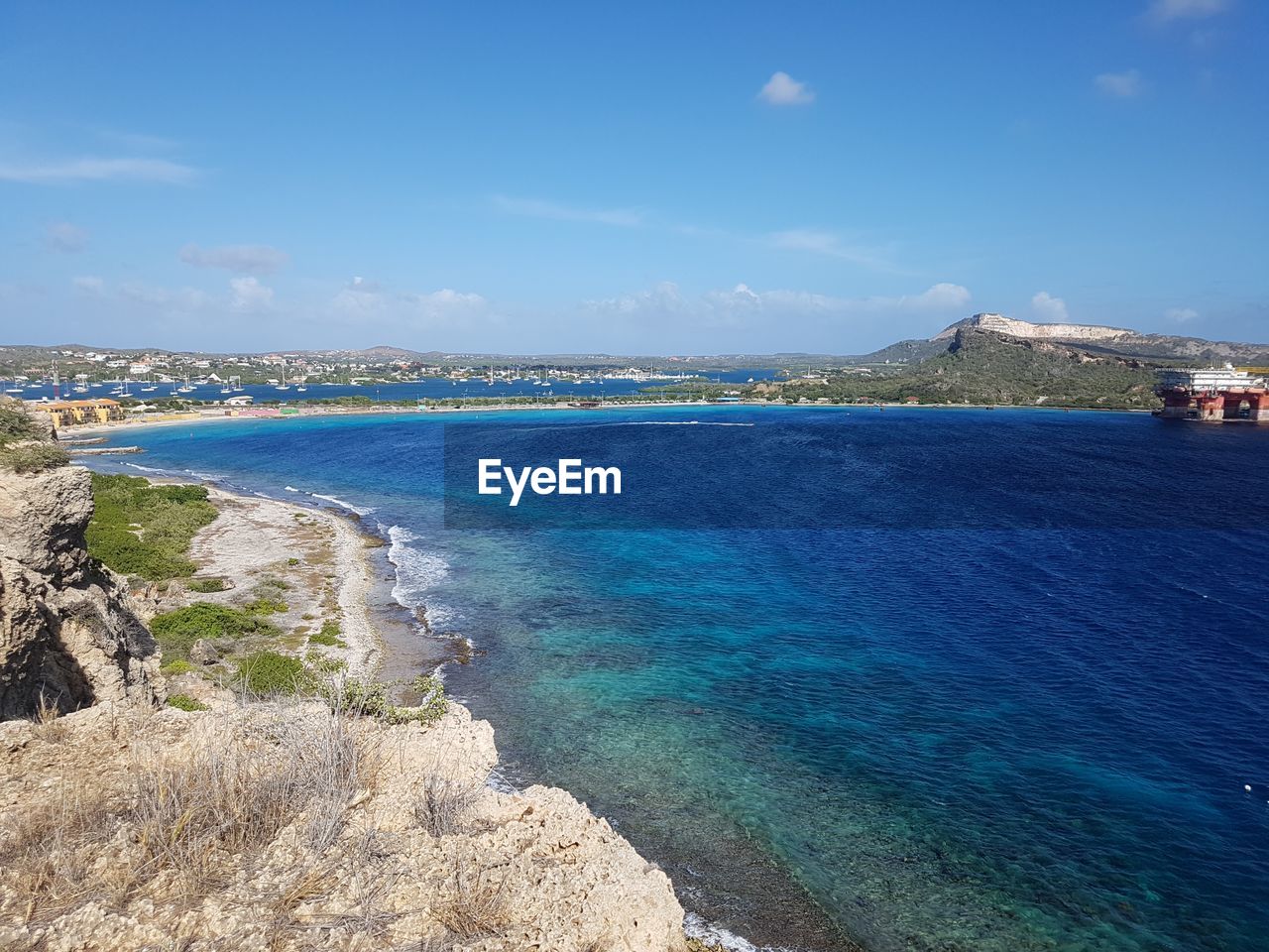 SCENIC VIEW OF BAY AGAINST CLEAR BLUE SKY