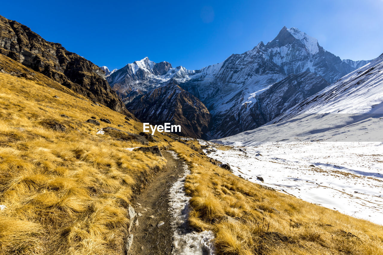 Scenic view of snowcapped mountains against sky