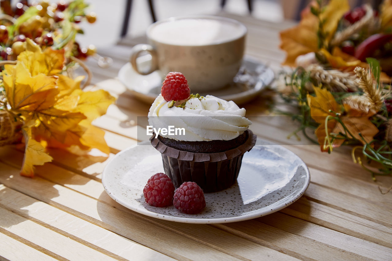 Aesthetic french creamy cupcake with cappuccino among autumn decoration under hard shadows. 