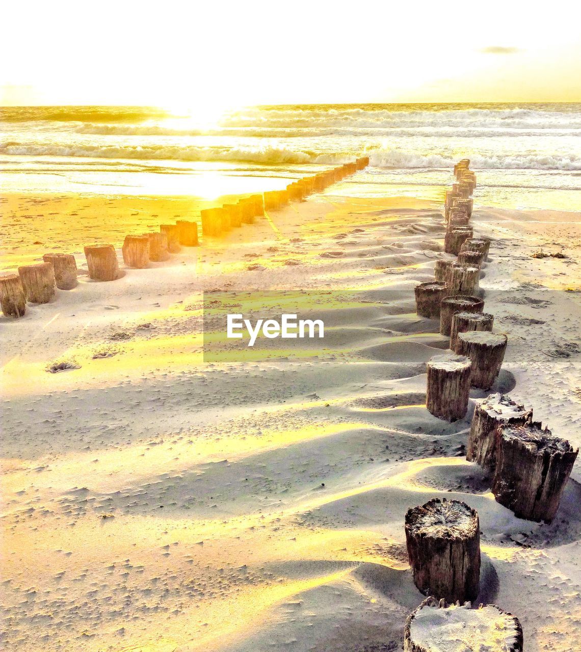 WOODEN POSTS ON BEACH AGAINST SKY