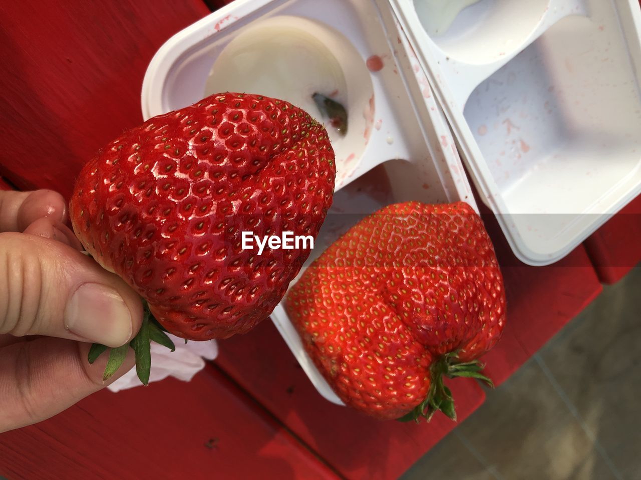 strawberry, food, food and drink, hand, red, fruit, healthy eating, freshness, produce, one person, holding, wellbeing, berry, plant, high angle view, lifestyles, indoors, close-up, adult, personal perspective