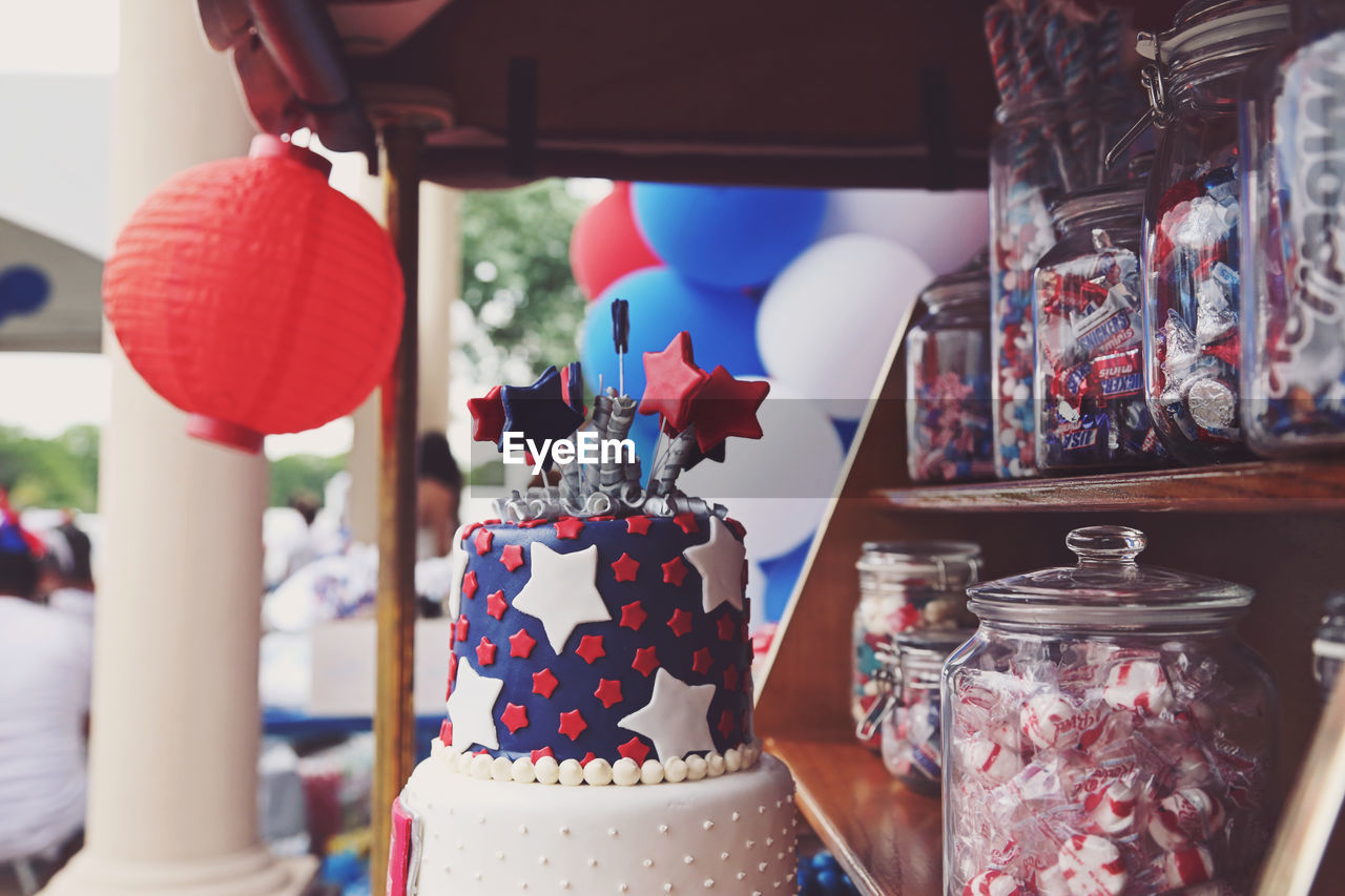 Close-up of cake for sale at market stall