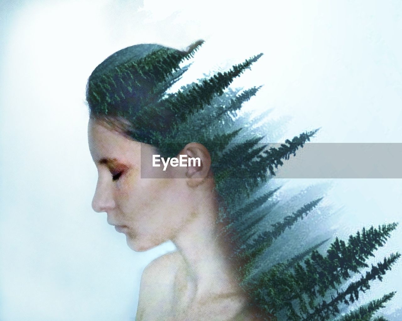 Double exposure image of woman and pine trees against white background