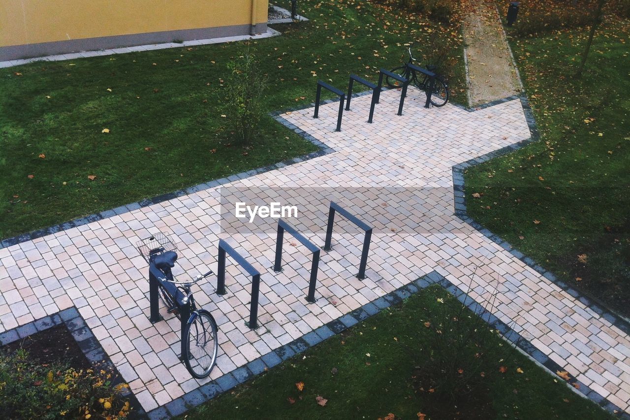 High angle view of bicycle parking lot in garden