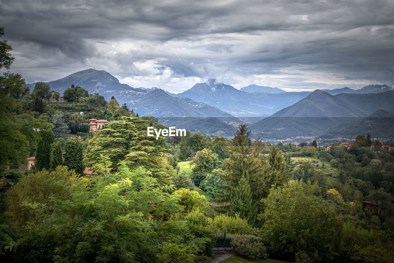 Scenic view of trees and mountains against sky