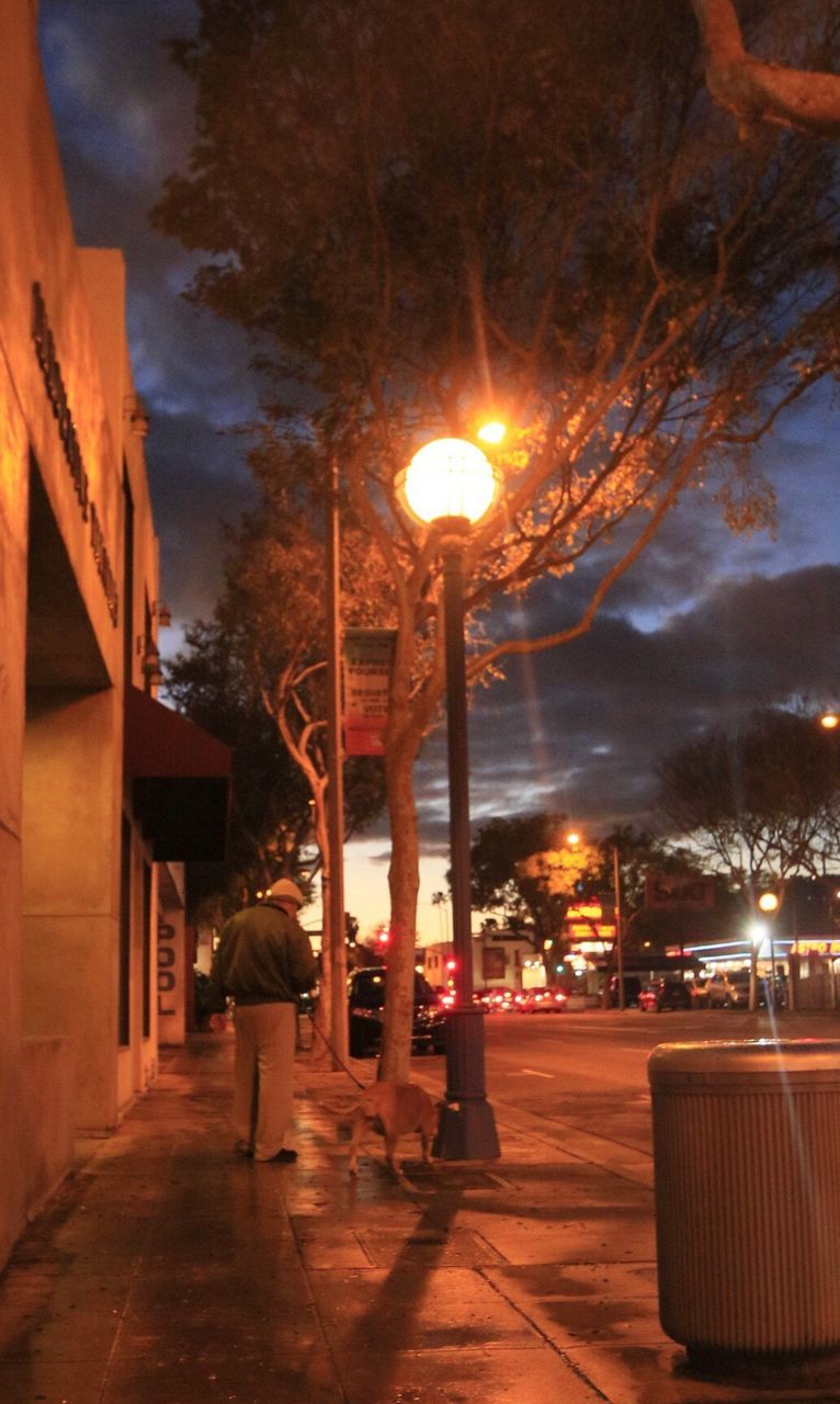 ILLUMINATED STREET LIGHT IN CITY AGAINST SKY