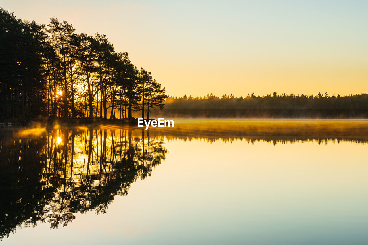 The still lake reflects the beauty of nature as dawn breaks in a peaceful idyllic swedish landscape.