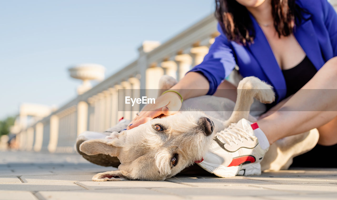 Midsection of a dog with her owner laying on the ground outdoors 