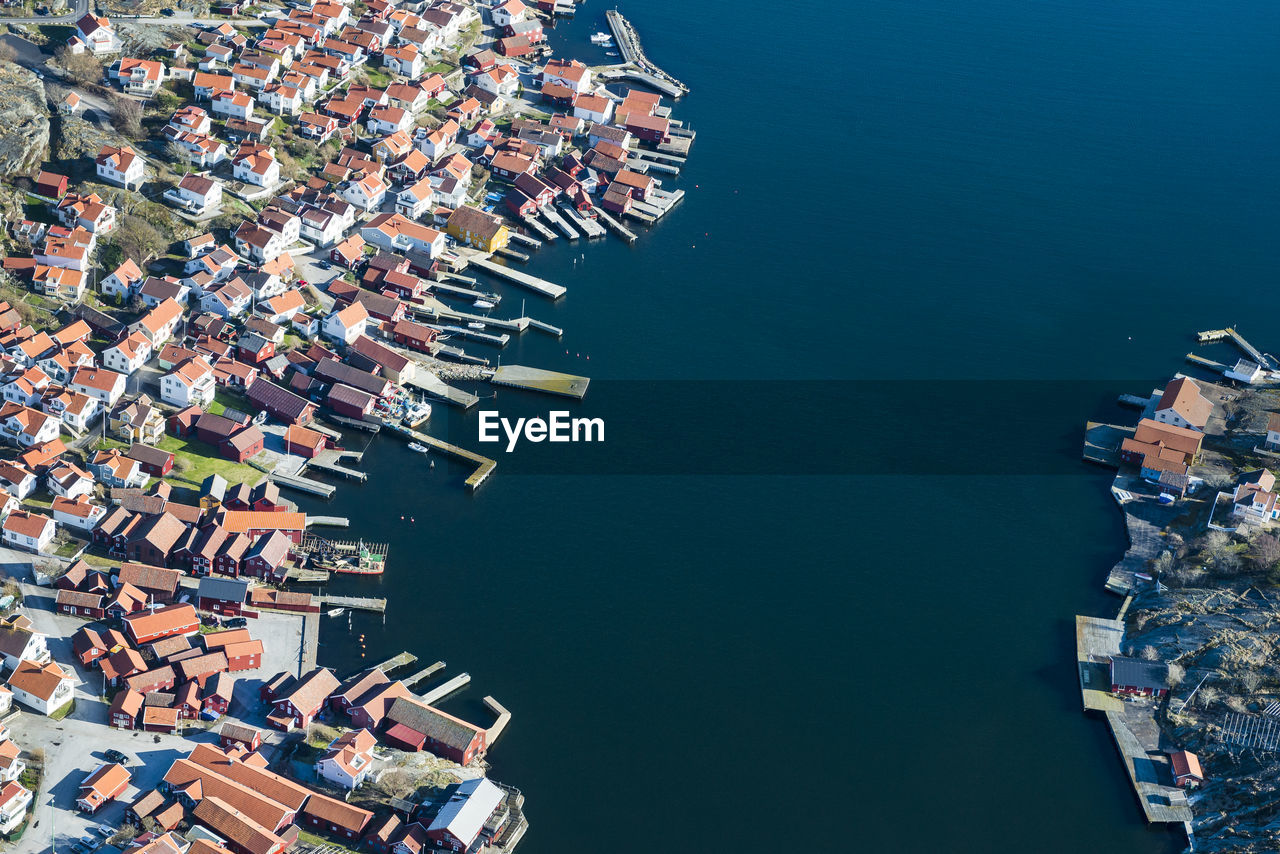 Aerial view of buildings at sea