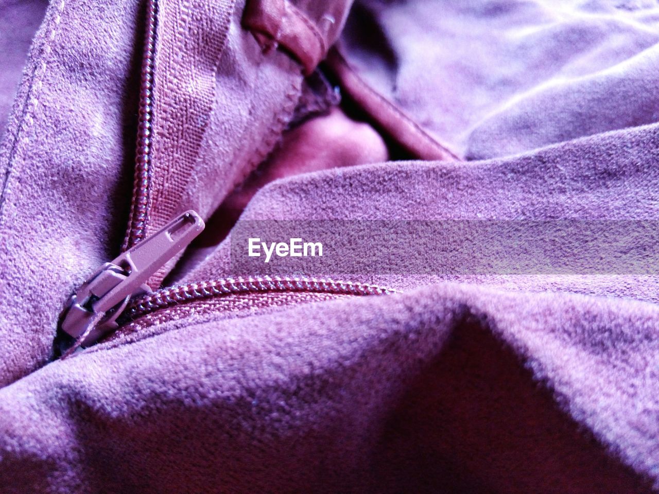 Close-up of zipper on purple trouser