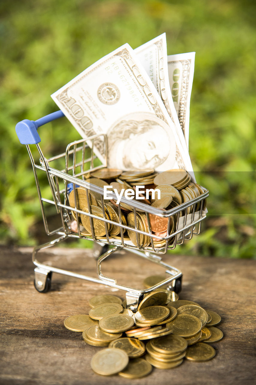 Close-up of coins in miniature shopping cart on table