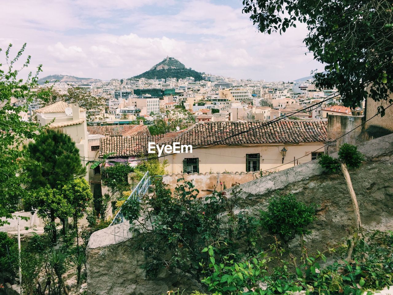 View of old town with mountain peak against peak