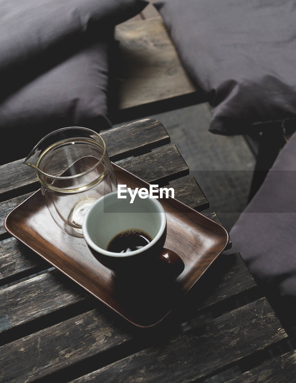 High angle view of coffee in cup on table