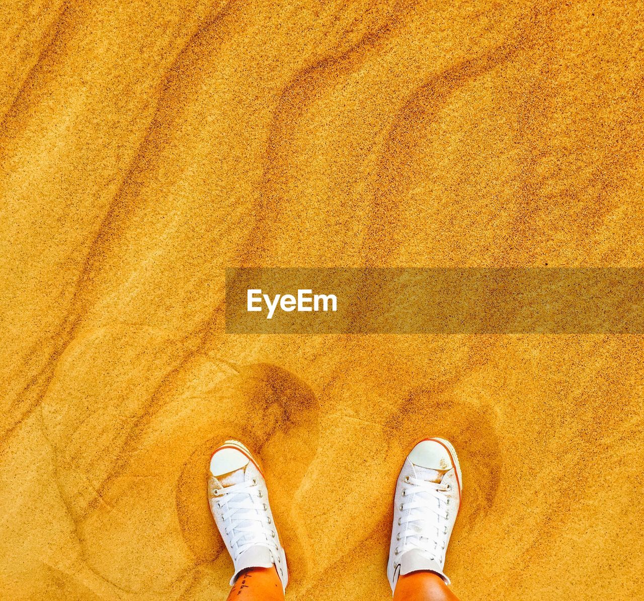 Low section of person standing on sand in desert