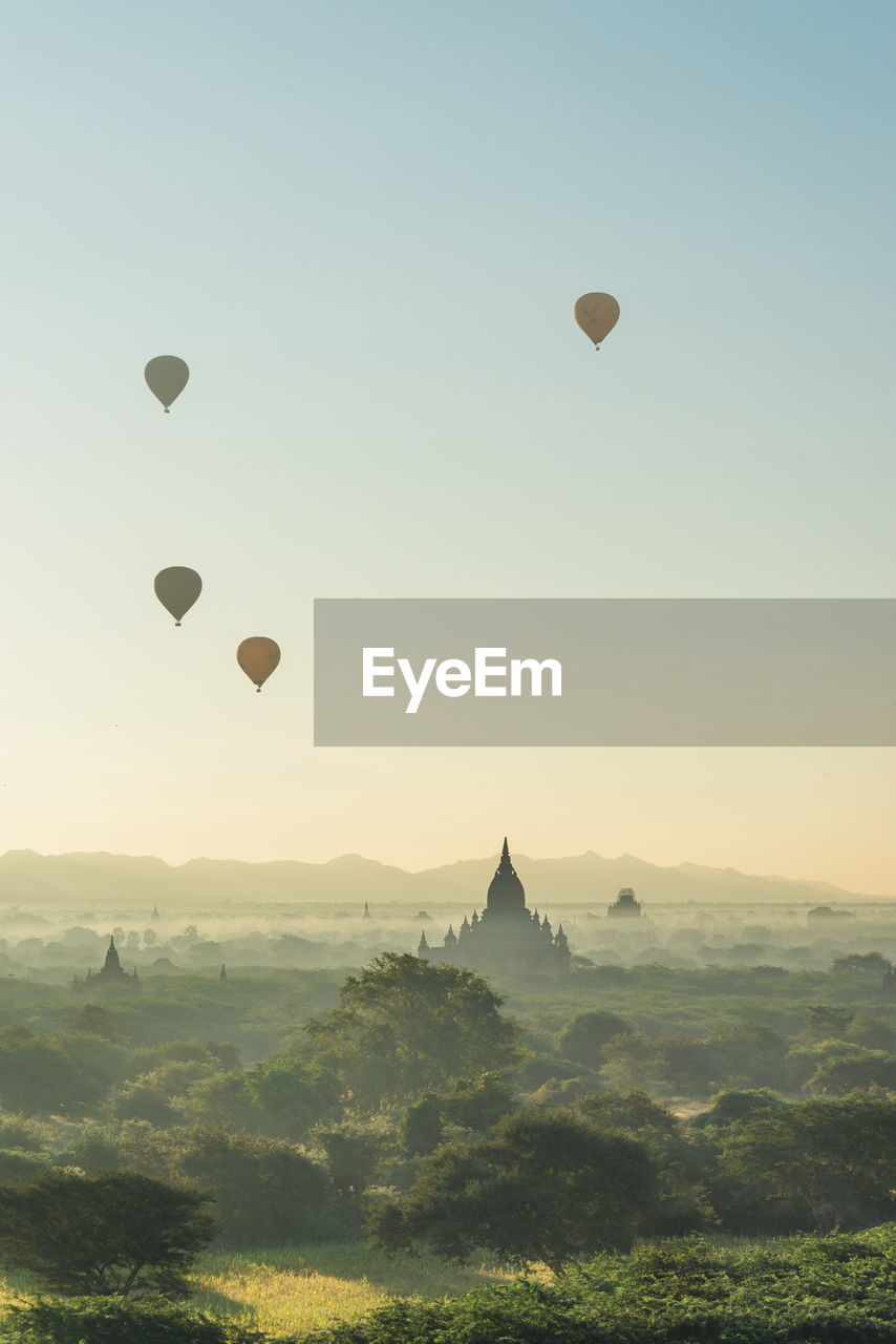 Hot air balloons in sky at sunset