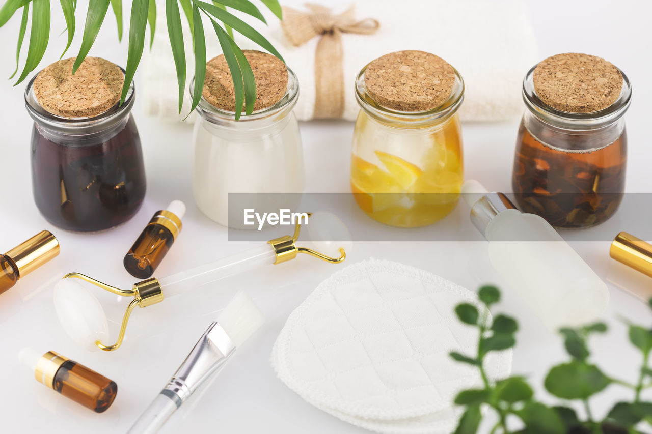 high angle view of pills in bottles on table