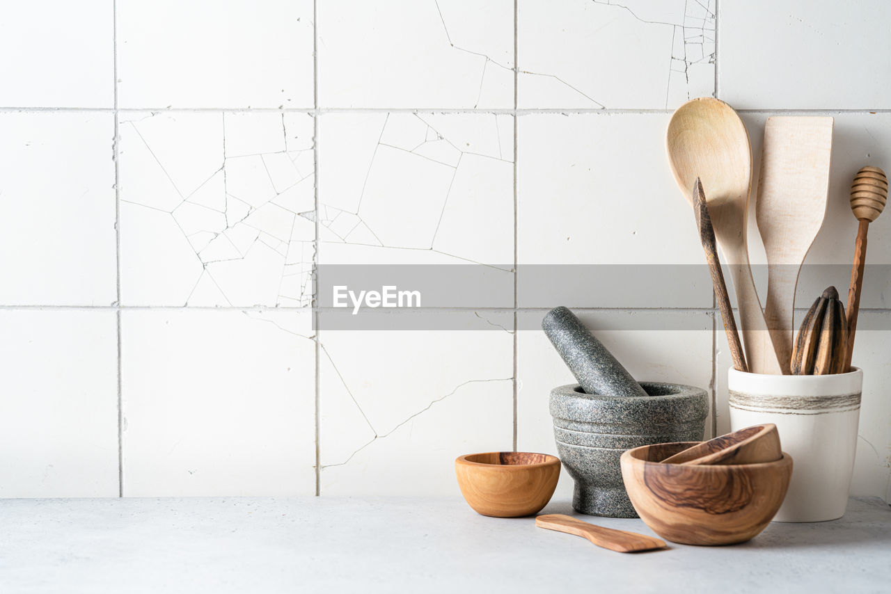 high angle view of kitchen utensils on table