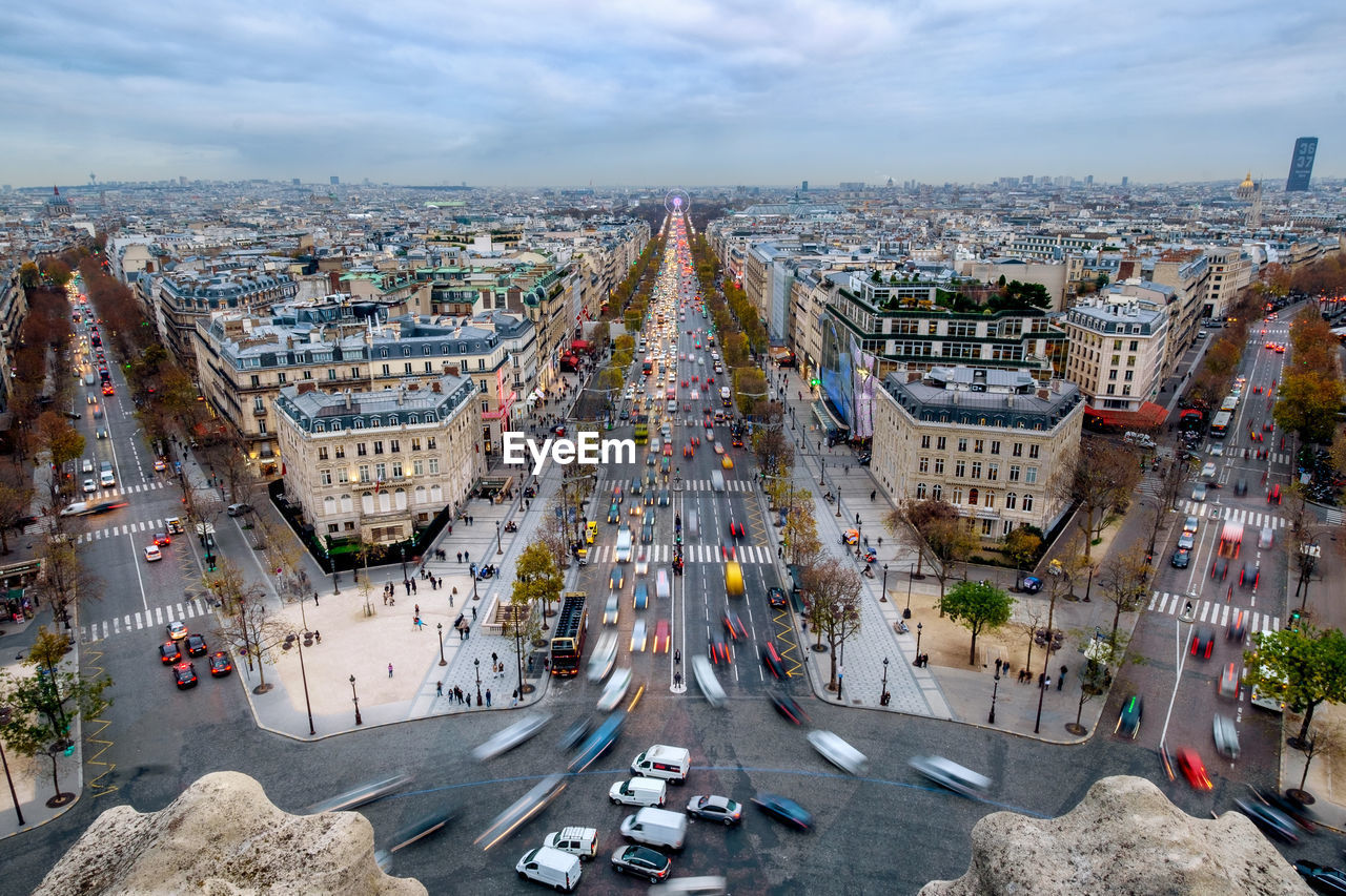 High angle view of paris cityscape