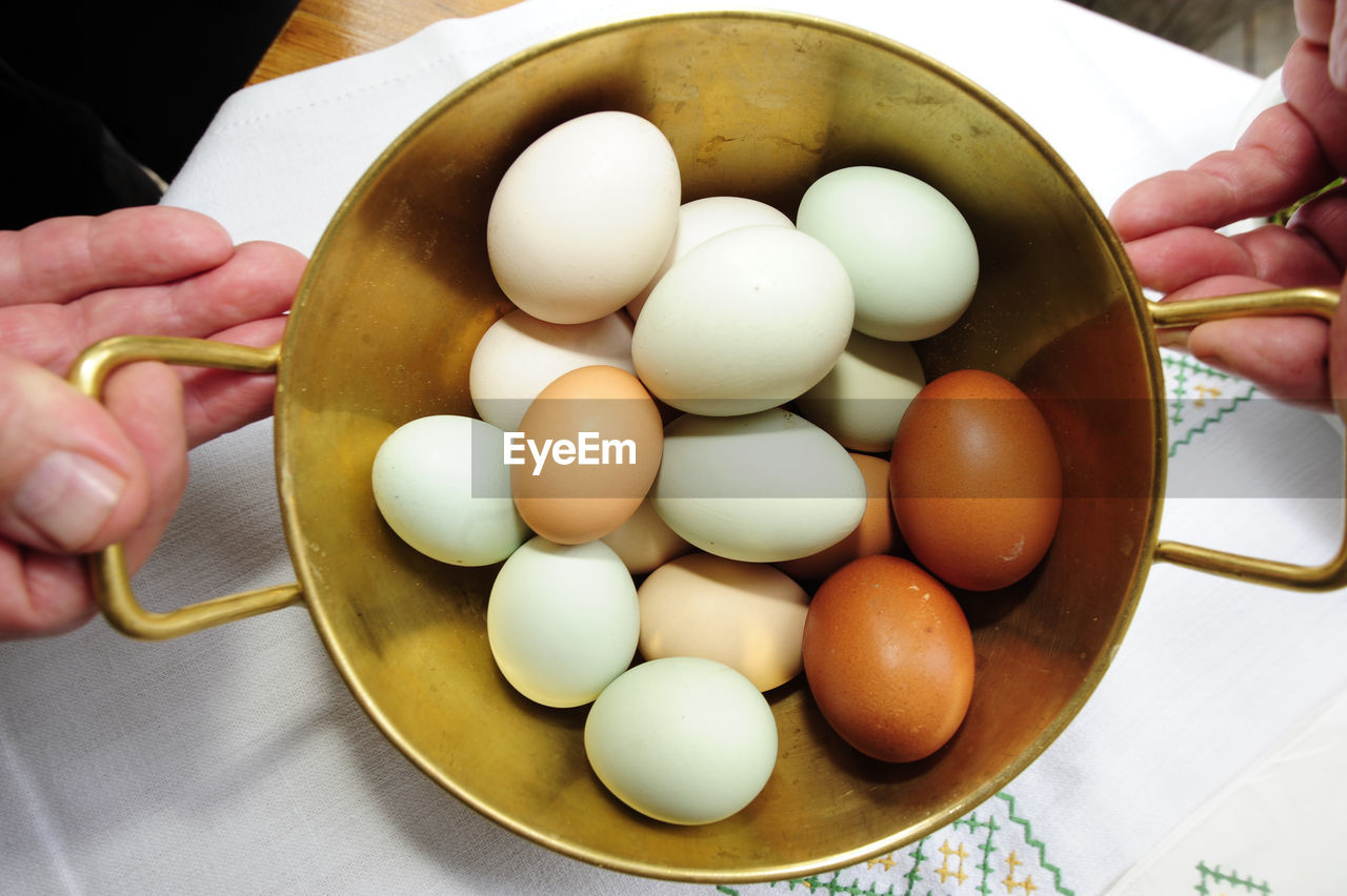 high angle view of eggs in bowl