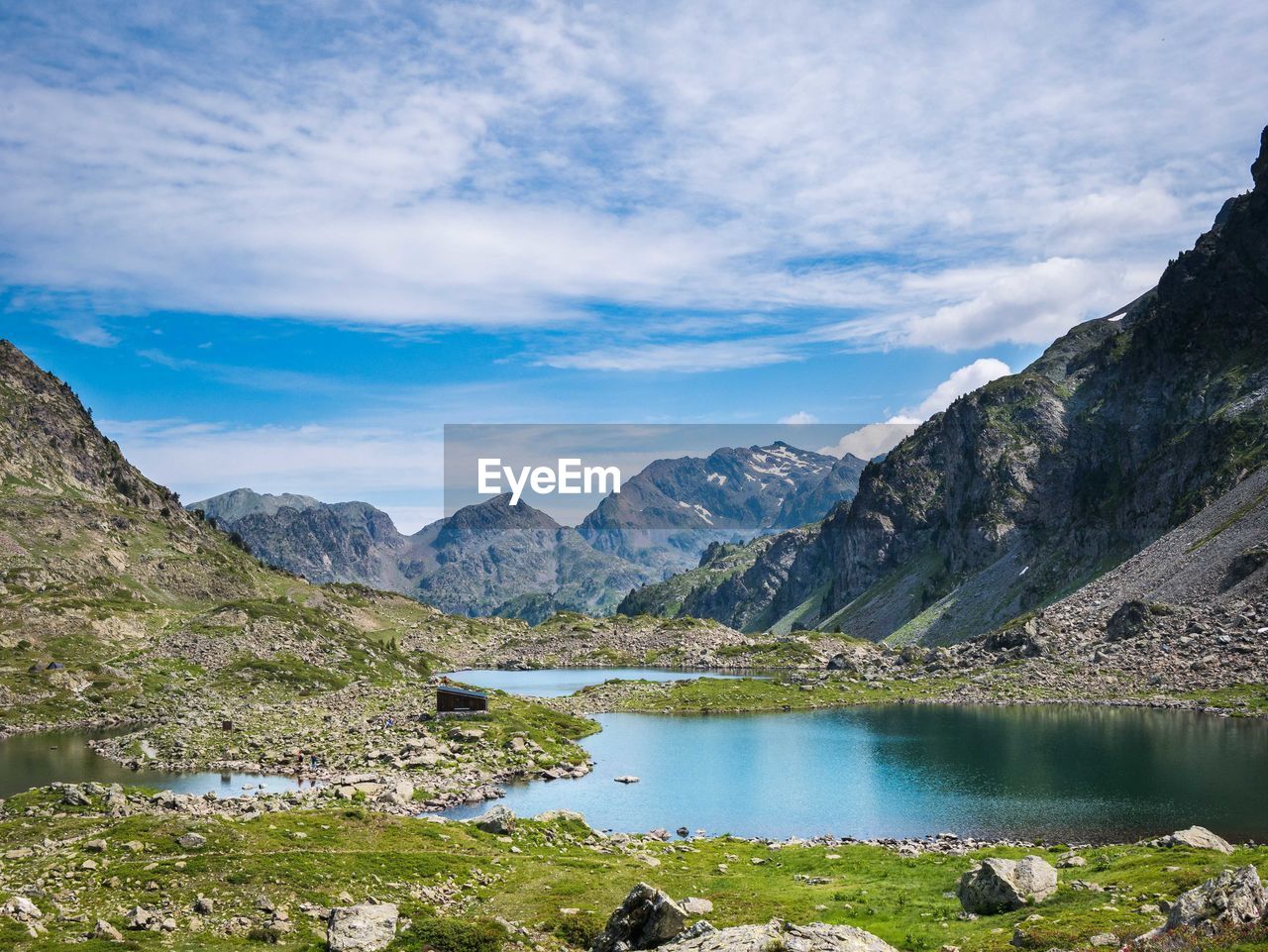 Scenic view of lake and mountains against sky