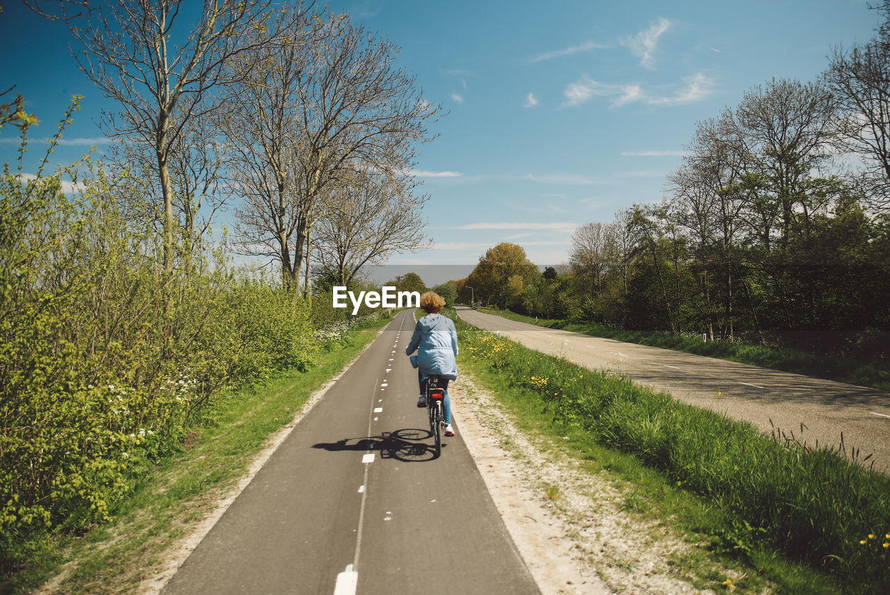 Rear view of woman riding bicycle on road during sunny day