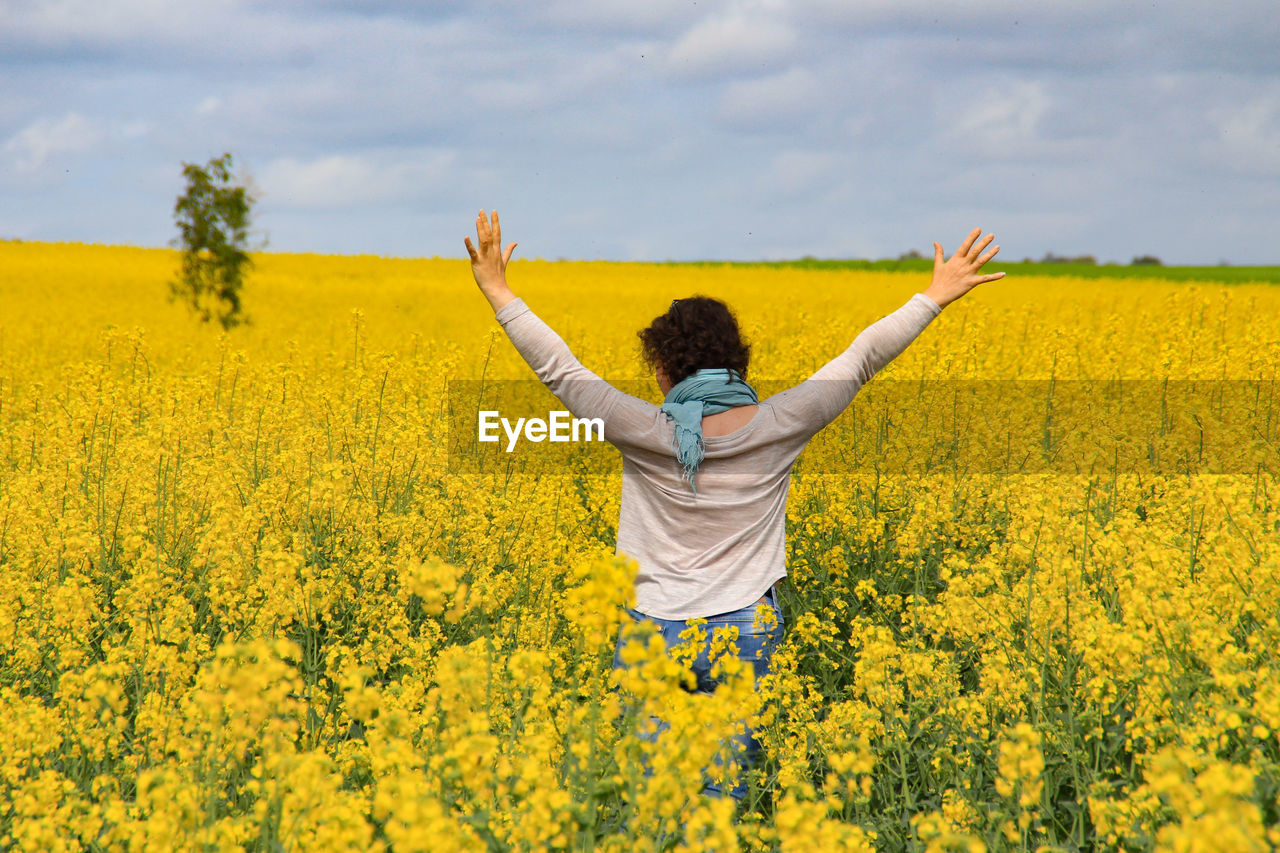 Rear view of woman with arms raised standing on oilseed rape field