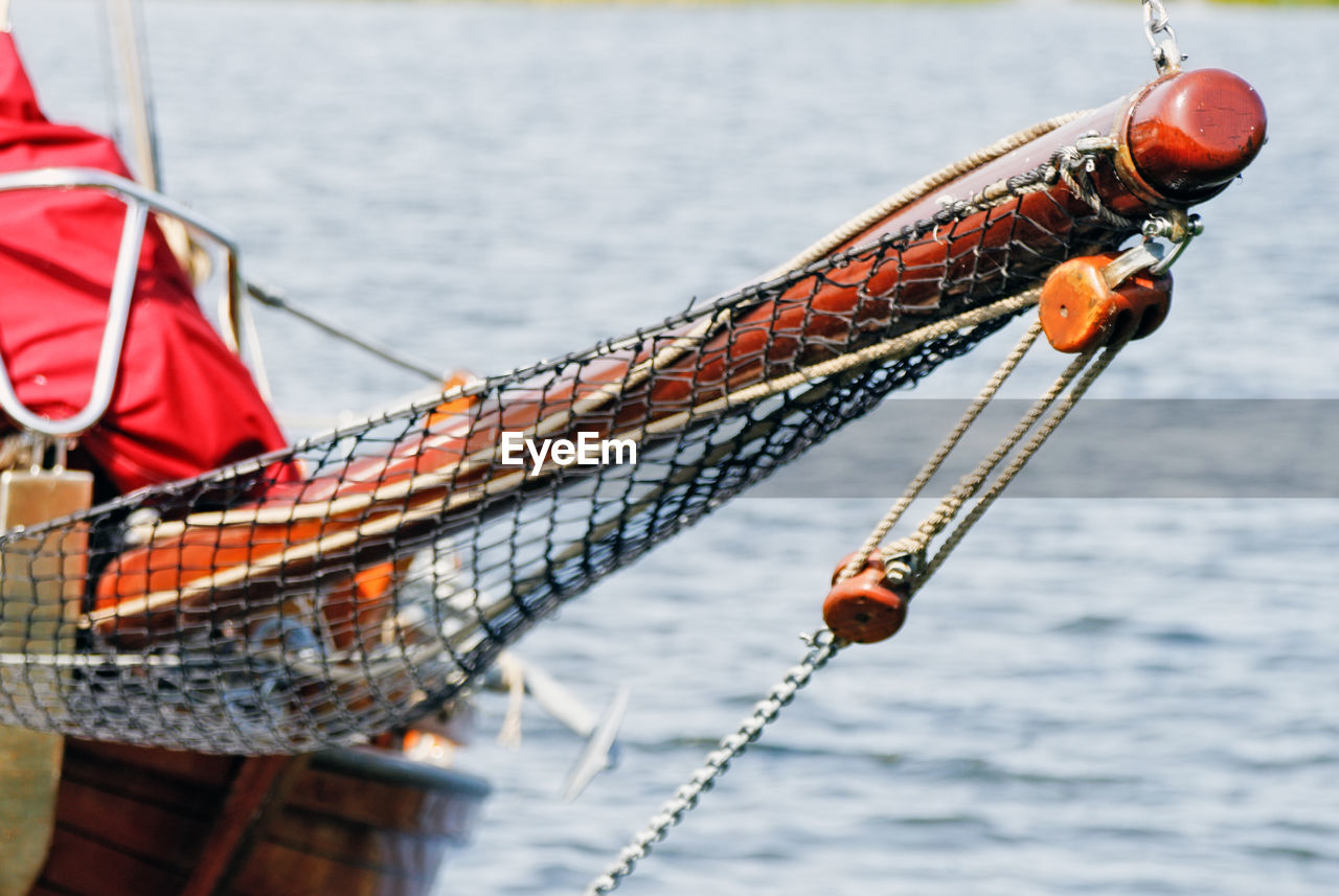 Close-up of rope and pulley of ship