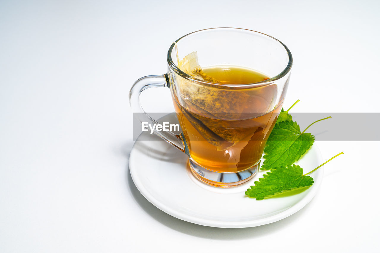 Nettle infusion in transparent cup, a sachet in water, a white saucer  and nettle leaves. 