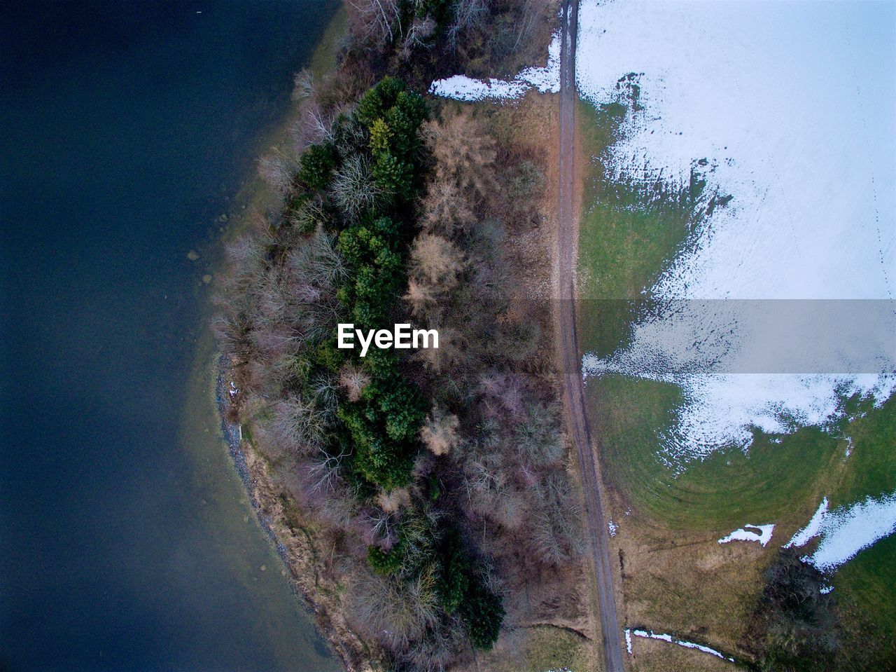 Aerial view of trees on field by lake during winter