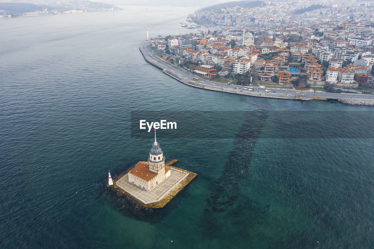 Turkey, istanbul, aerial view of maidens tower and uskudar district