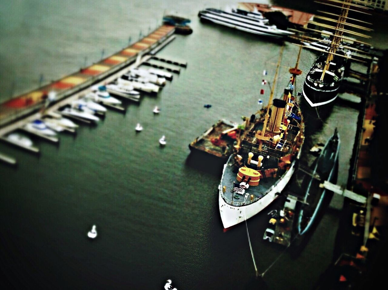 High angle view of boats at harbor