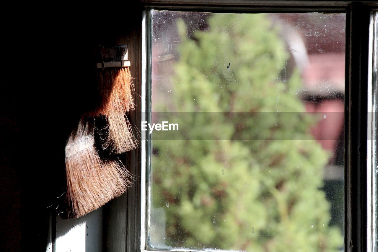 Close-up of old paintbrush by glass window