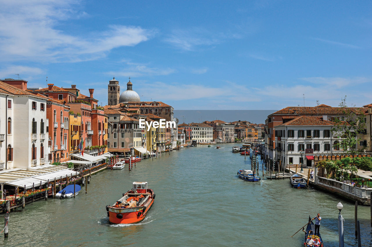 Overview of the grand canal with boats and buildings in venice, italy.