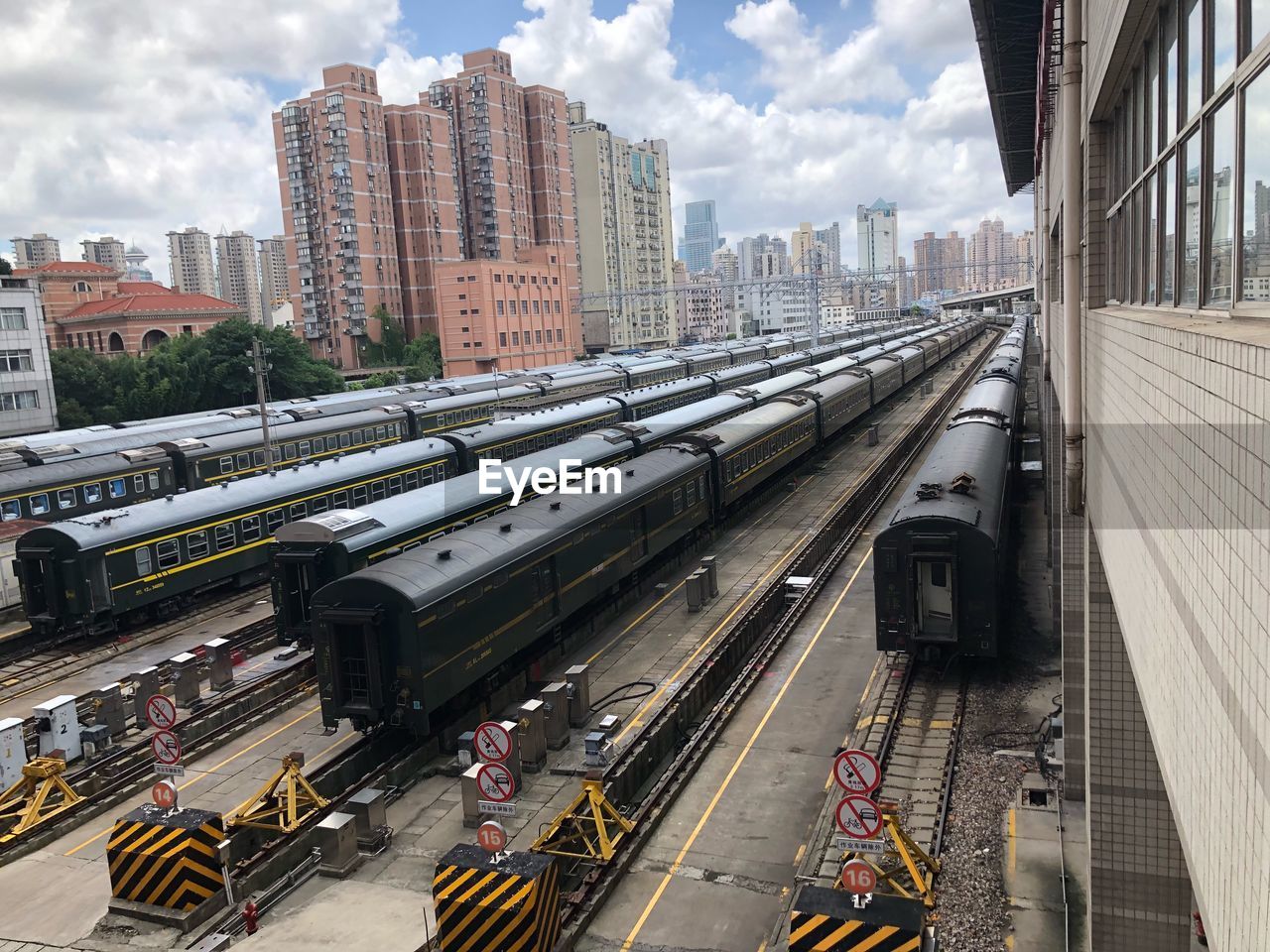 Trains at shunting yard in city