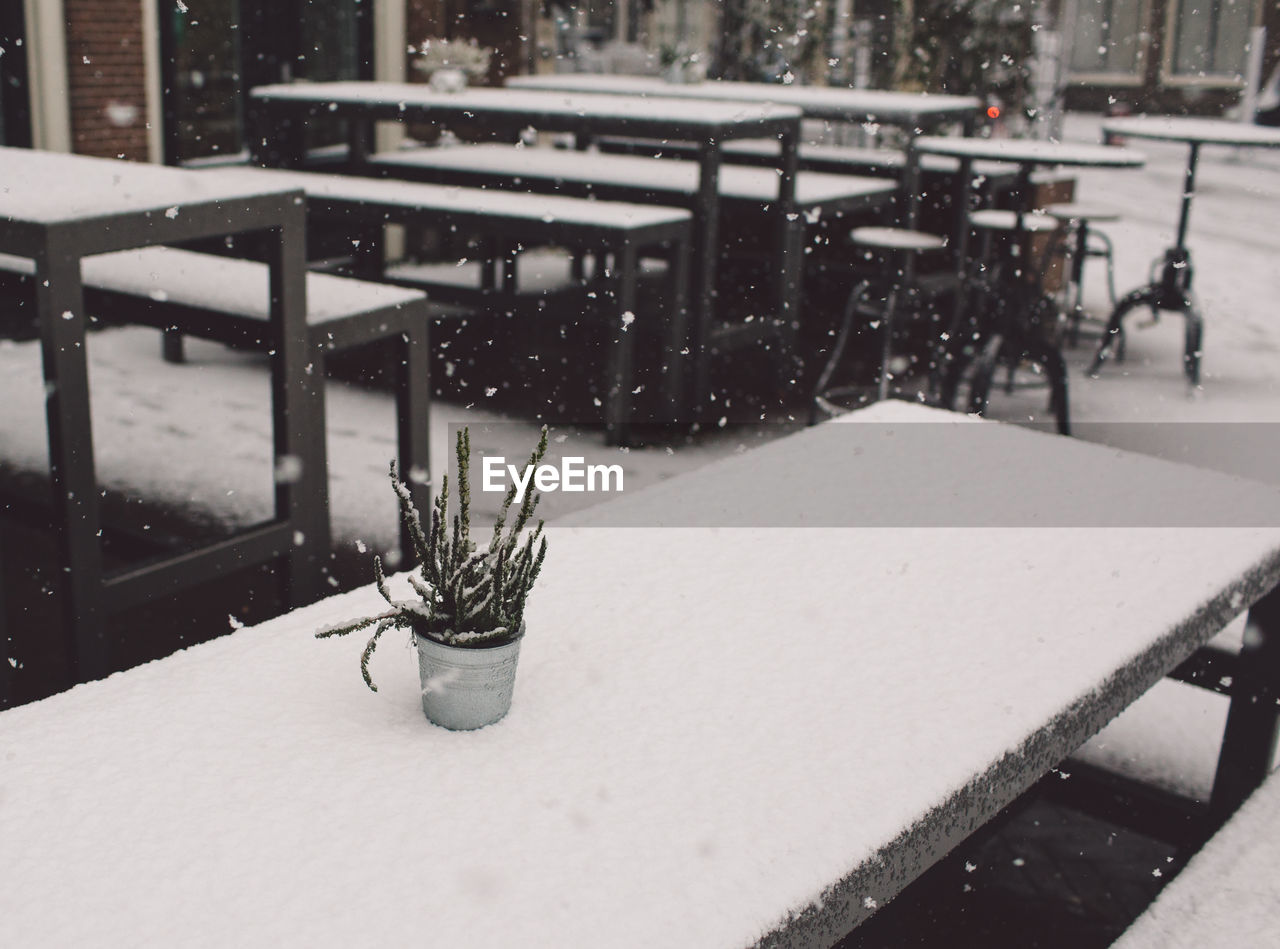 Snow on table during winter