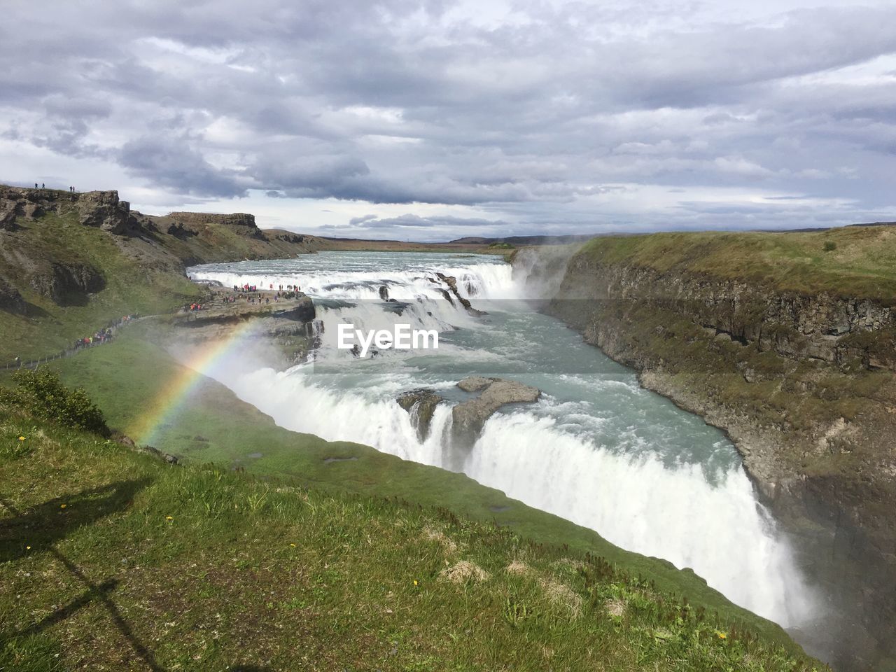 Scenic view of waterfall against sky in iceland 