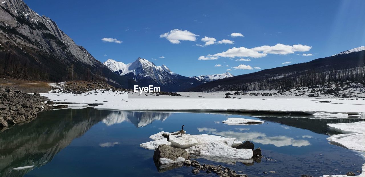 Scenic view of lake by snowcapped mountains against sky