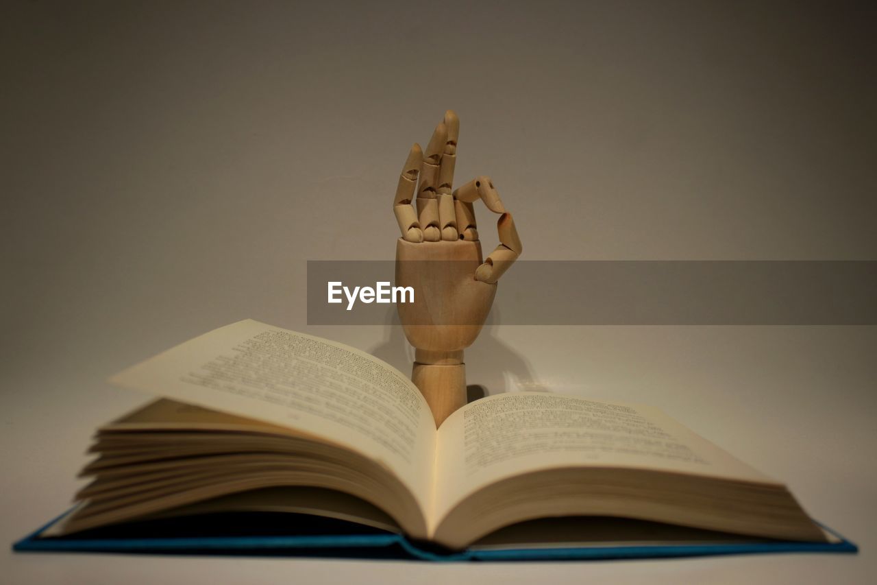Close-up of book with figurine hand