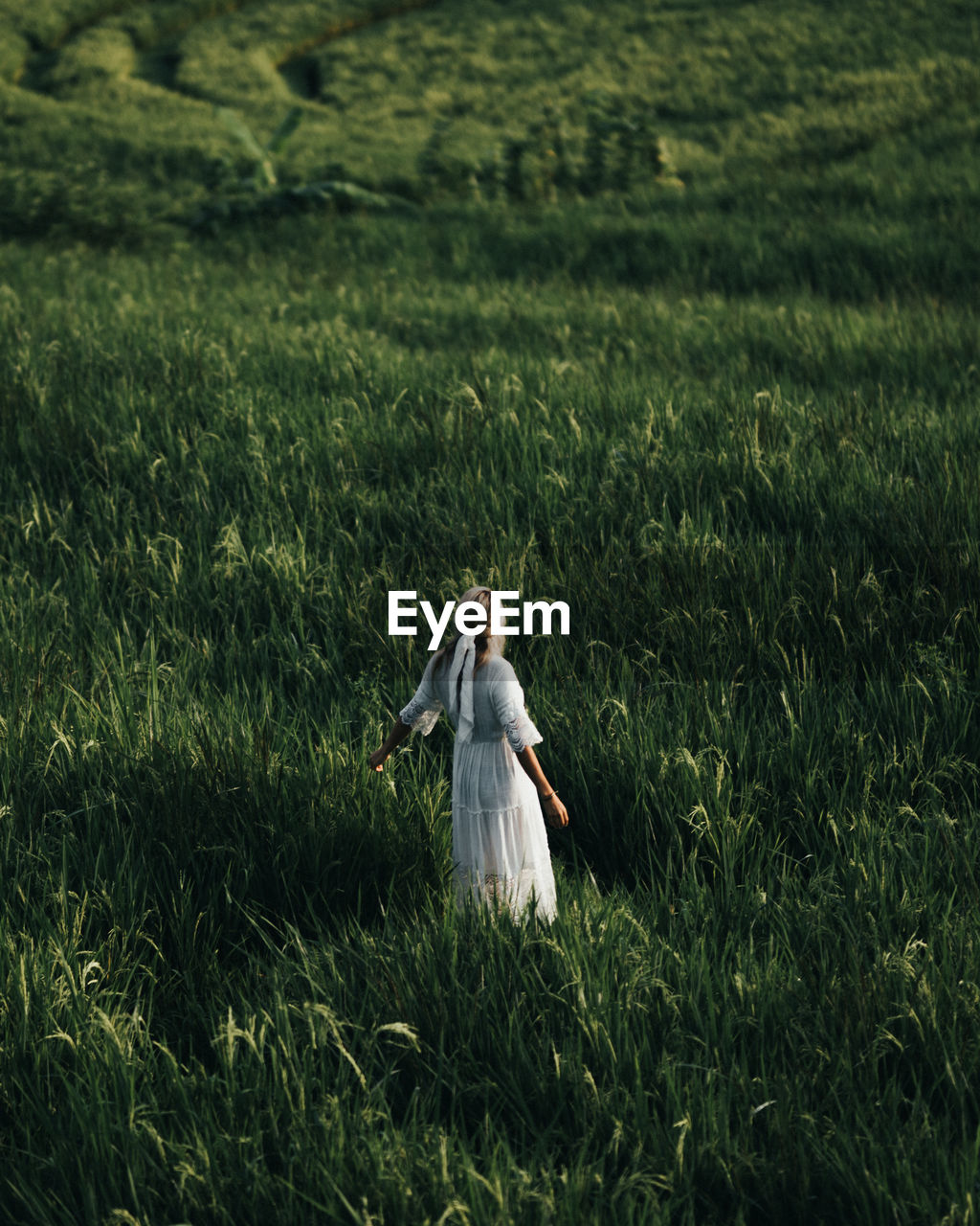 Rear view of woman walking on field