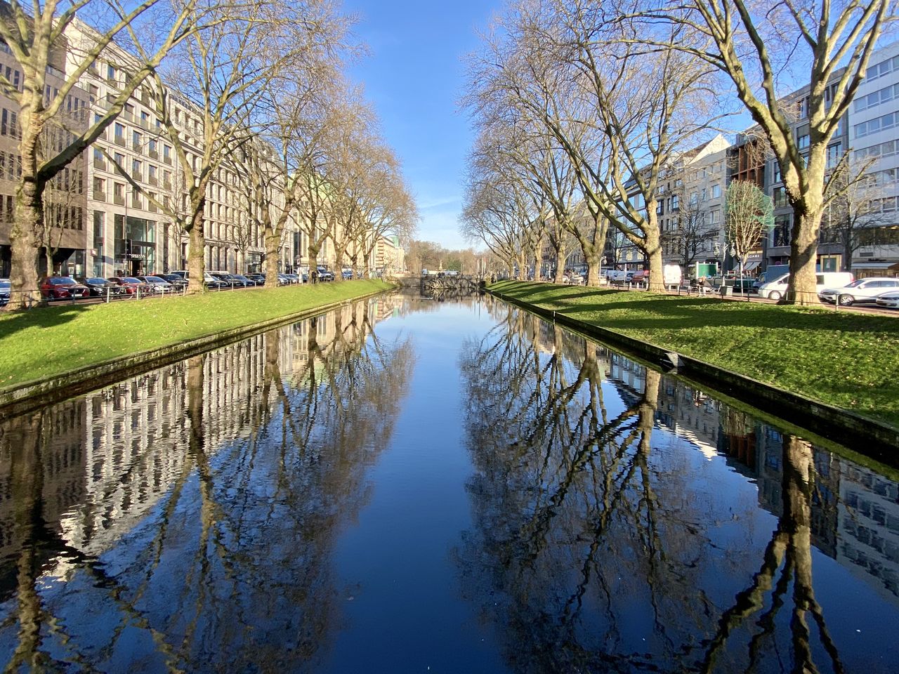 Reflection of trees in lake against sky