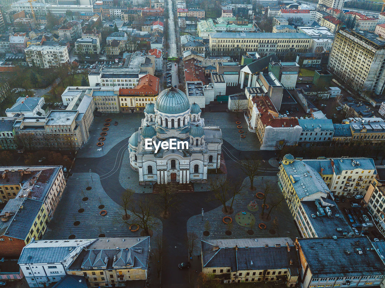 High angle view of cathedral surrounded by cityscape