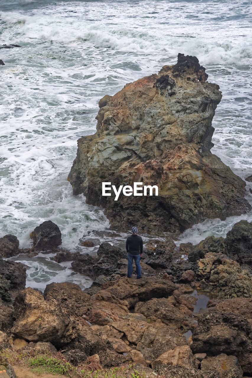 Rear view of man standing on rock at beach