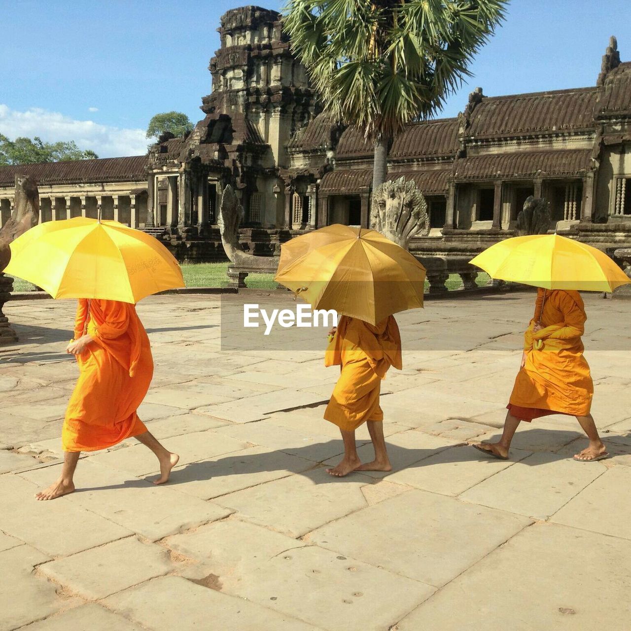Monks with yellow umbrellas walking outside angkor wat temple