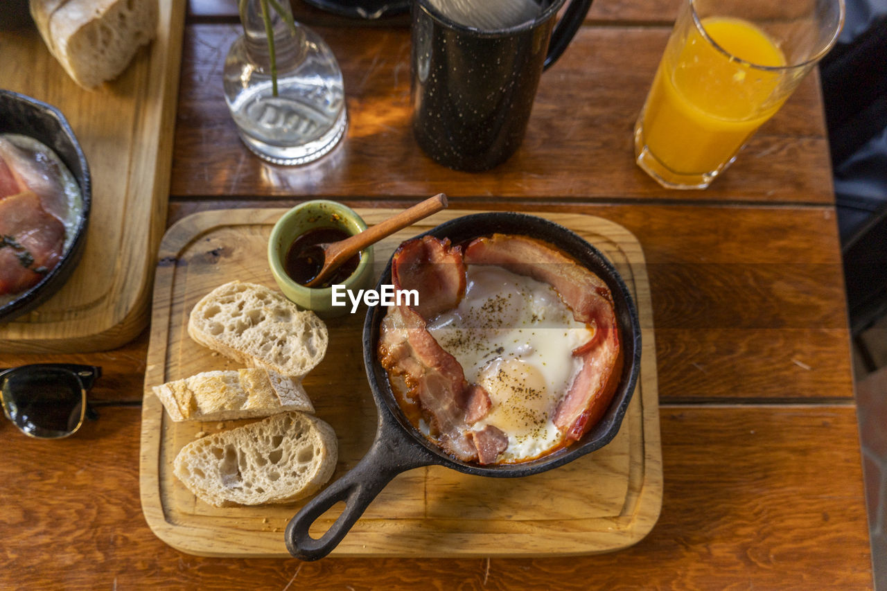 high angle view of breakfast on table