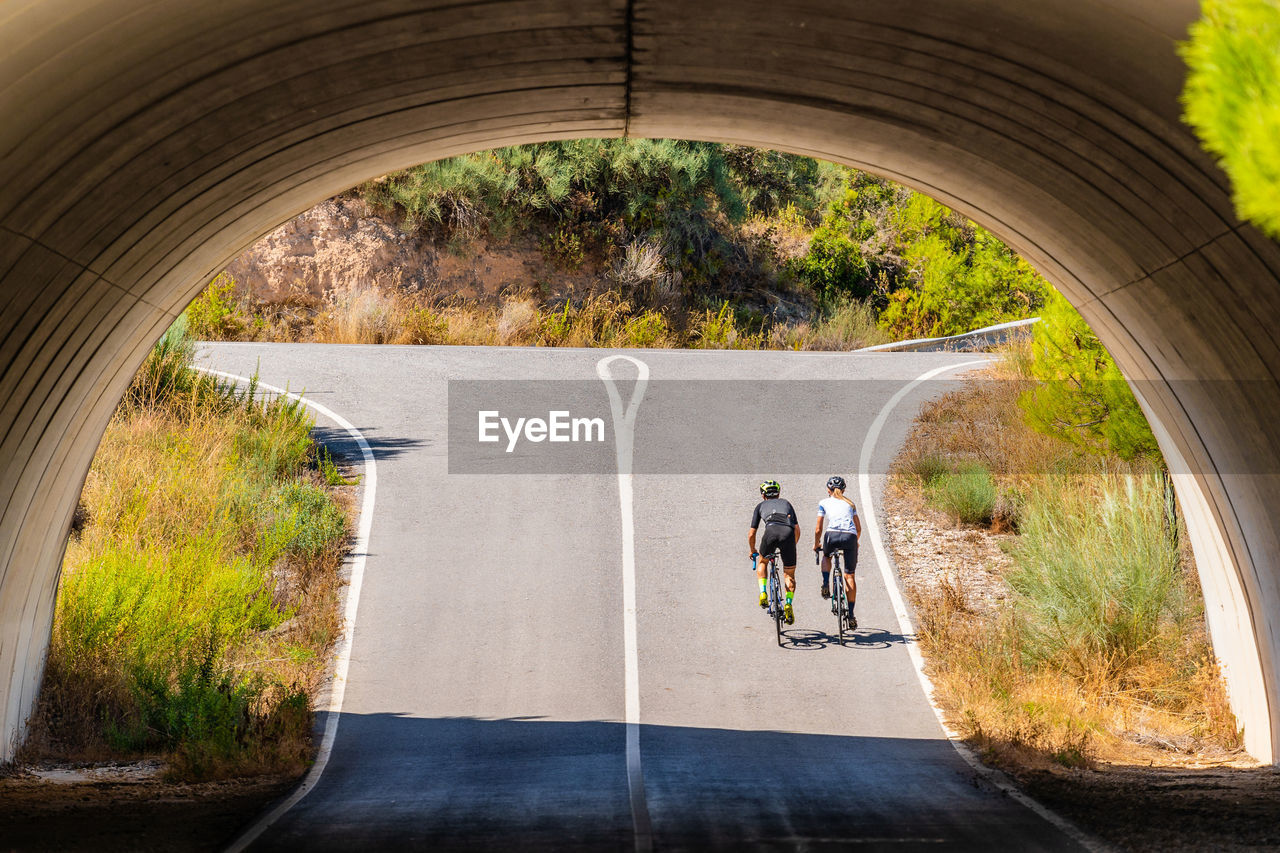 Full length back view of distant unrecognizable bicyclists in sportswear and helmets cycling together on asphalt roadway under arched bridge in summer countryside