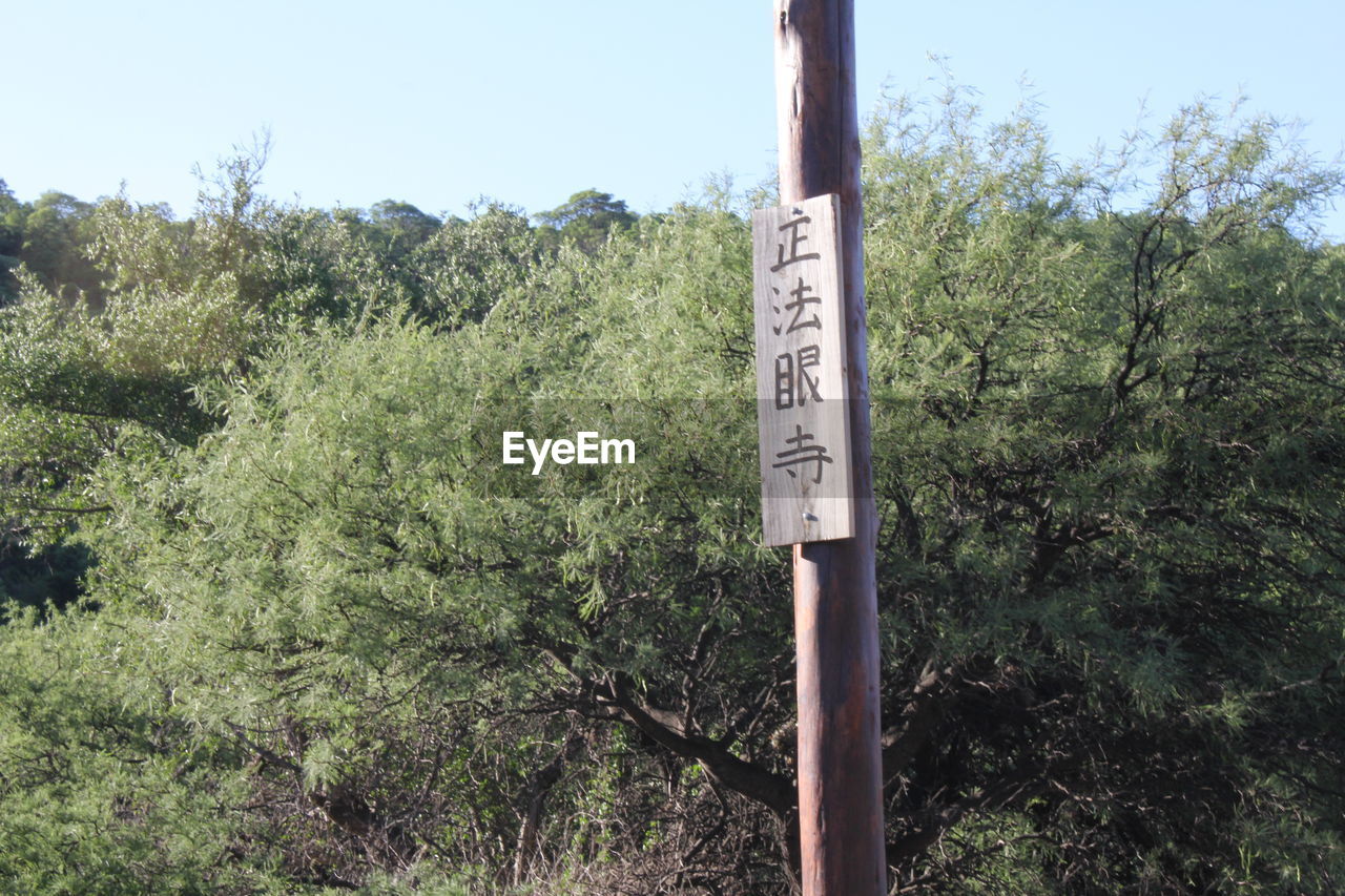 Low angle view of information sign on rusty pole by trees