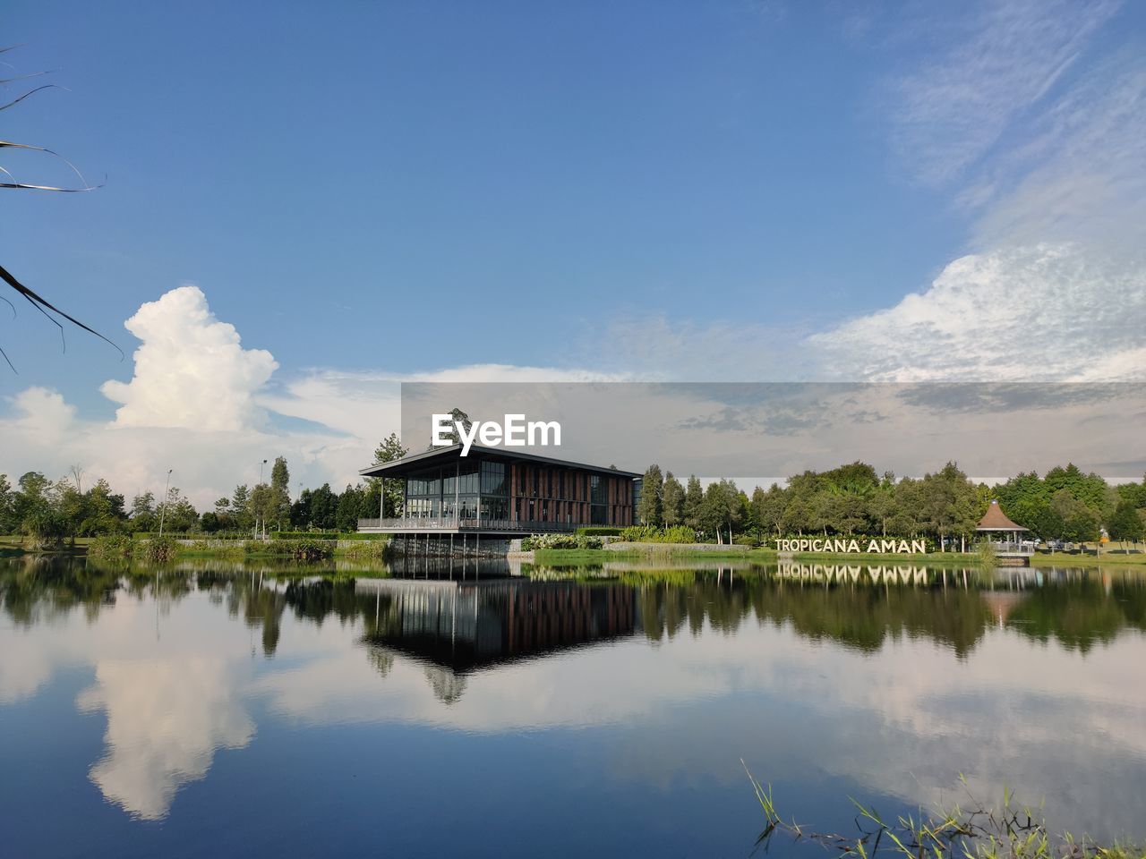 Reflection of building on lake against sky