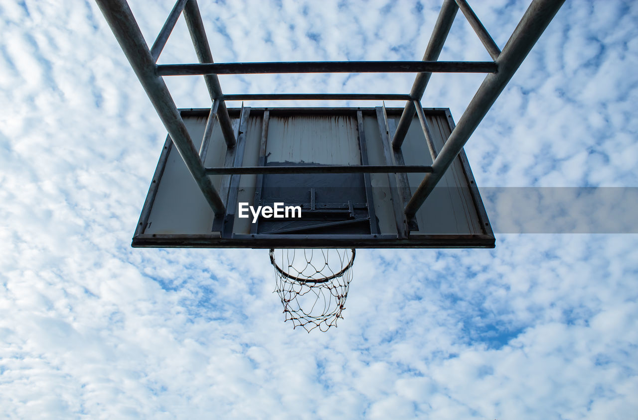 DIRECTLY BELOW VIEW OF BASKETBALL HOOP AGAINST SKY